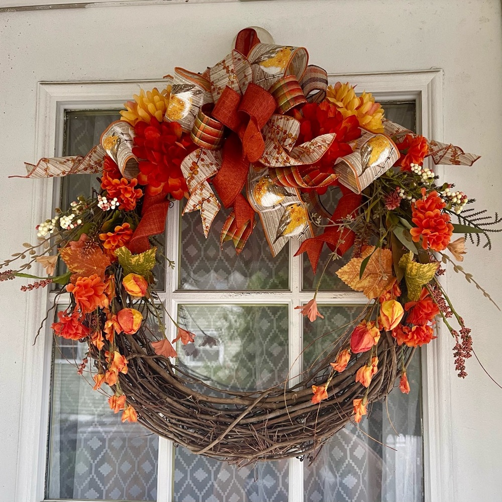 Fall Thanksgiving Grapevine 20”x18” Wreath Orange Rust Yellow Bird Berry Ribbon
